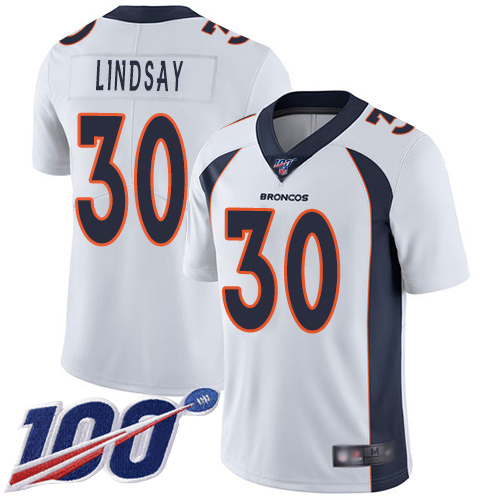 Men Denver Broncos 30 Phillip Lindsay White Vapor Untouchable Limited Player 100th Season Football NFL Jersey